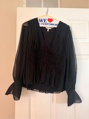 Rebecca Taylor Black Sheer V-Neck Smocked Waist Blouse